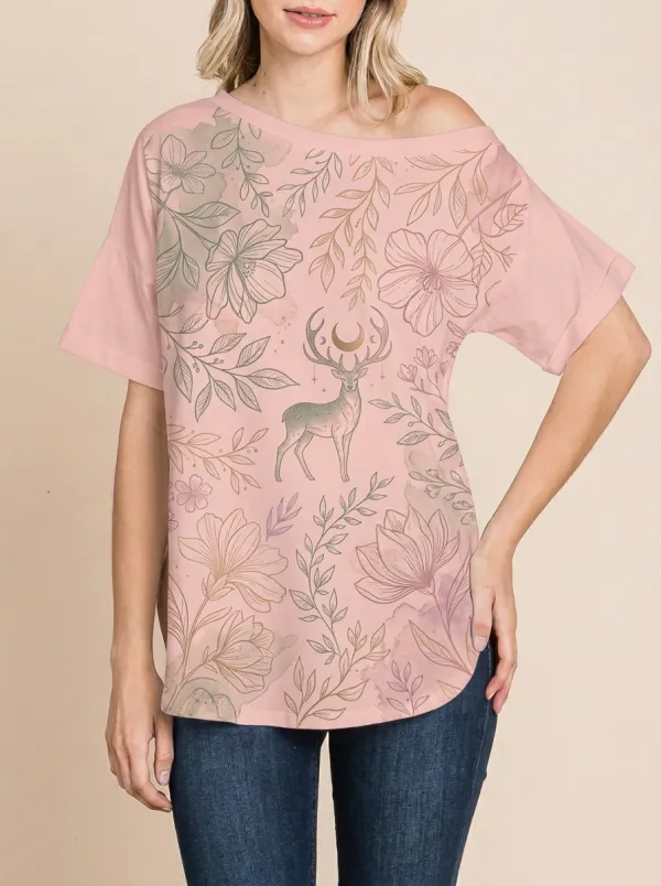 Women's Boho Nature Lover Celestial Deer Floral Printed Top