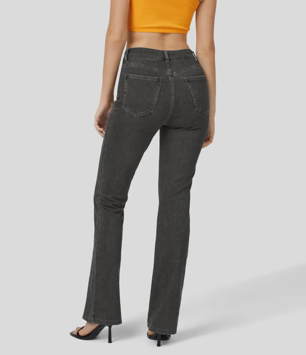 Magic Mid Rise Button Pockets Stretchy Knit Casual Bootcut Jeans