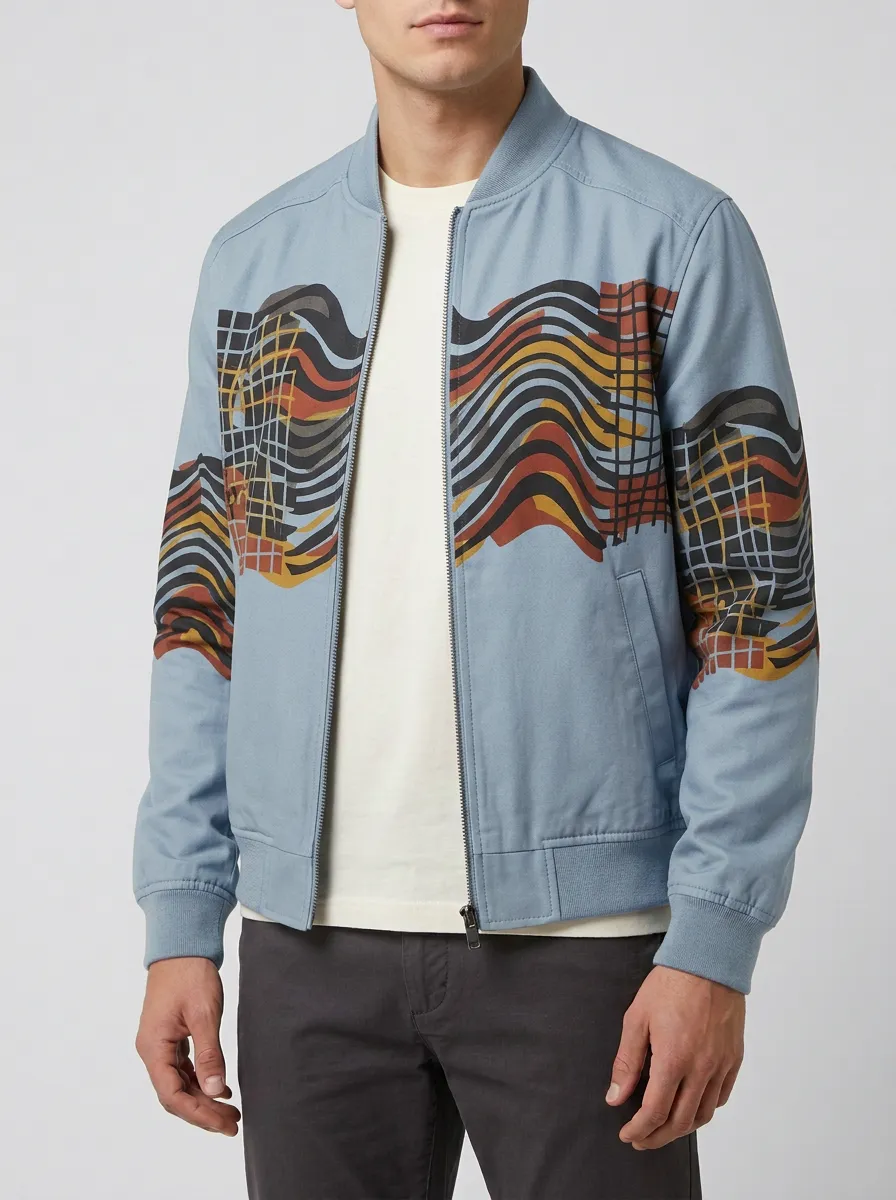 Grid Print Cuffed Sleeves Bomber Jacket