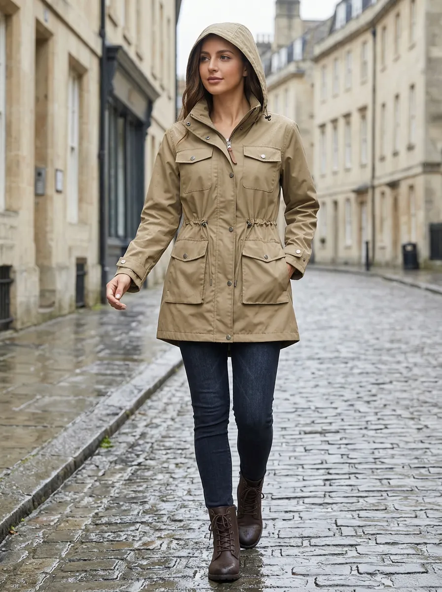Women's Khaki Hooded Waterproof Utility Jacket
