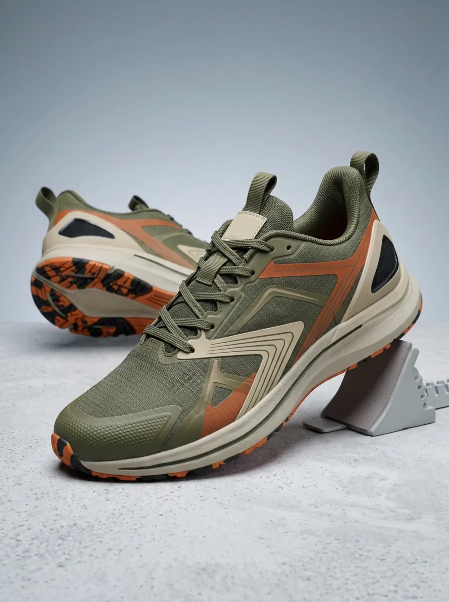 Men's Olive Green Orange Geometric Printed Running Shoes