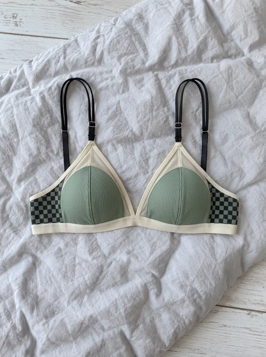 Women's Ribbed Checkerboard Adjustable Strap Everyday Essential Bralette