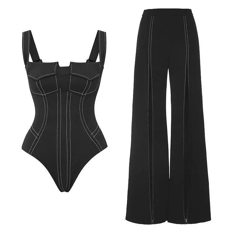 Color Block One Piece Swimwear with Pants