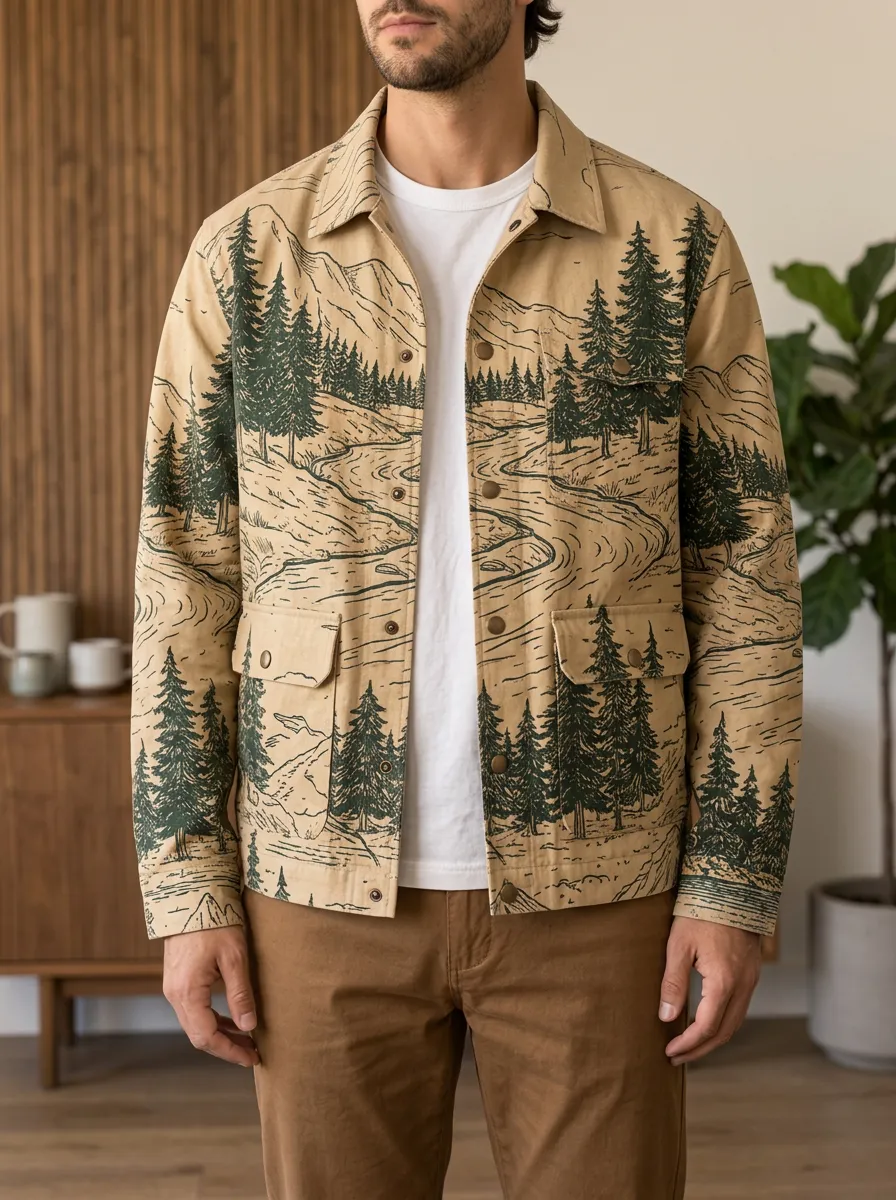 Men's Nature Lover Pine Forest Mountain Printed Jacket