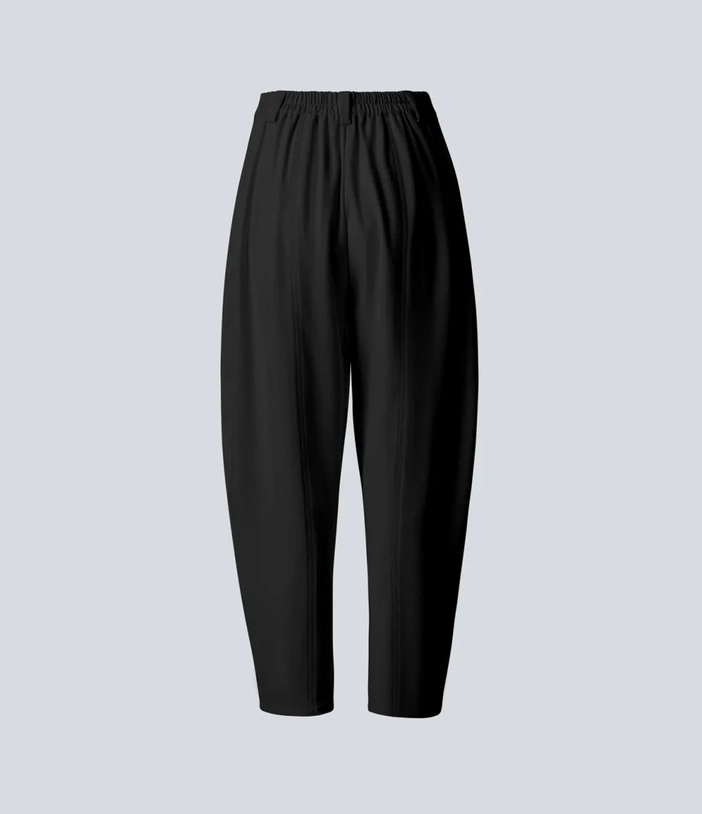 Mid Rise Plicated Side Pocket Barrel Leg Work Pants