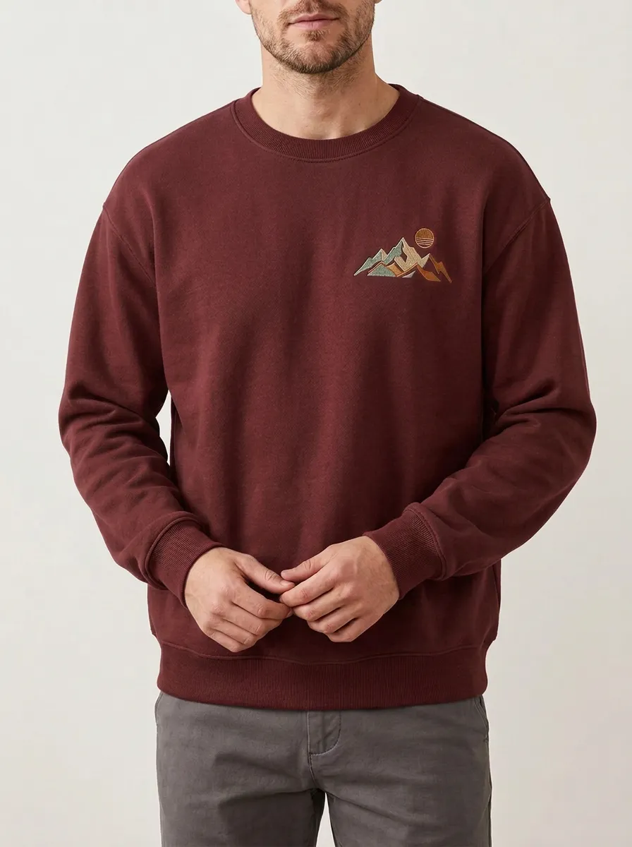Men's Olive Green Outdoor Mountain Sunset Embroidered Fleece Sweatshirt
