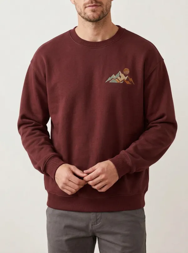 Men's Olive Green Outdoor Mountain Sunset Embroidered Fleece Sweatshirt