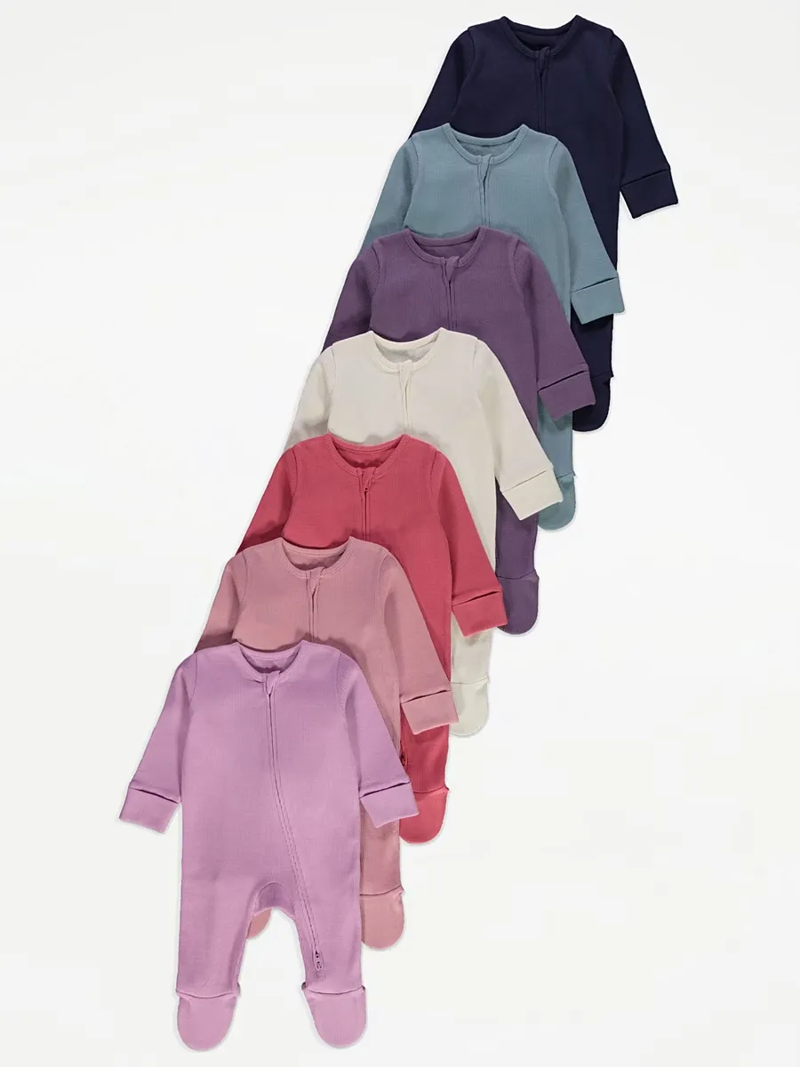 Ribbed Long Sleeve 2 Way Zip Sleepsuits 7 Pack