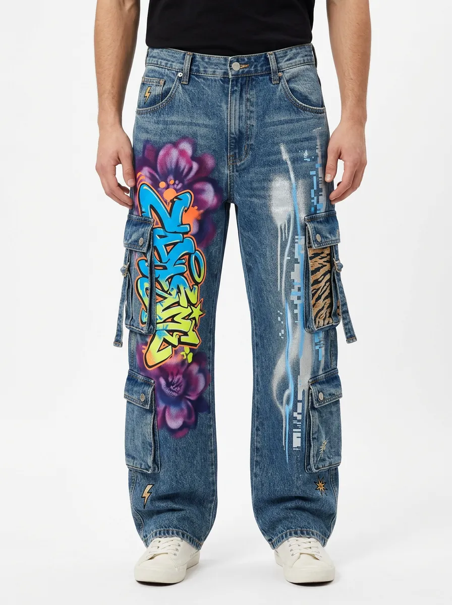 Men's Streetwear Graffiti Flower Mixed Motif Cargo Jeans