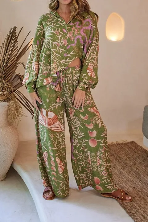 Green Fruit Print Flowy Wide Leg Pants