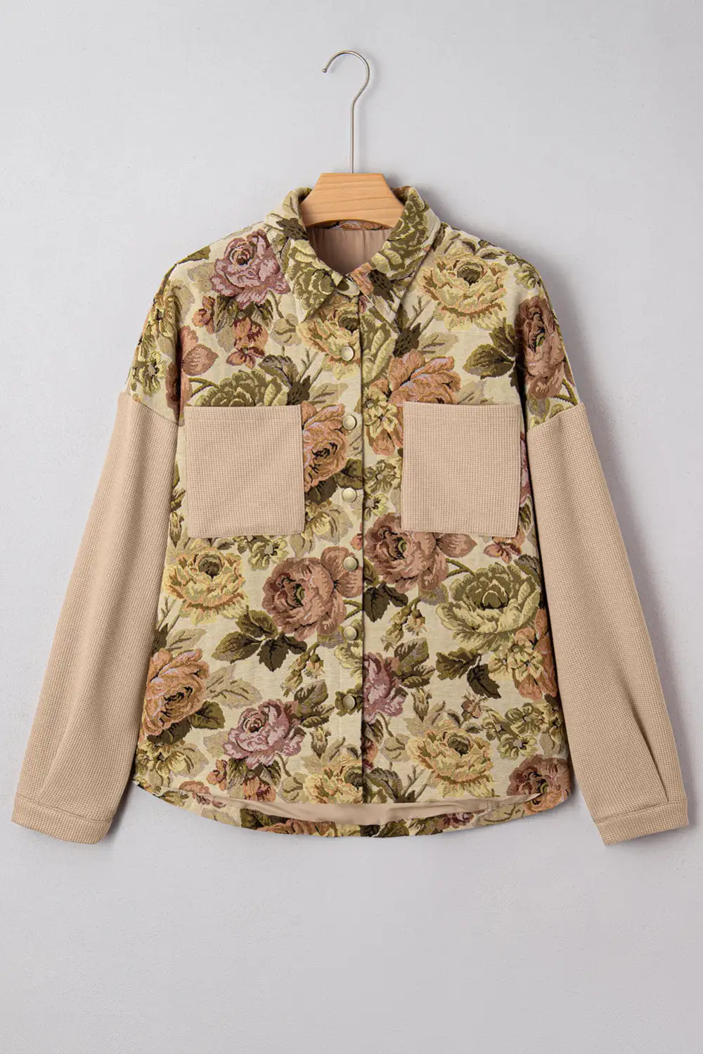 Women's Floral Waffle Knit Patchwork Chest Pockets Buttoned Jacket
