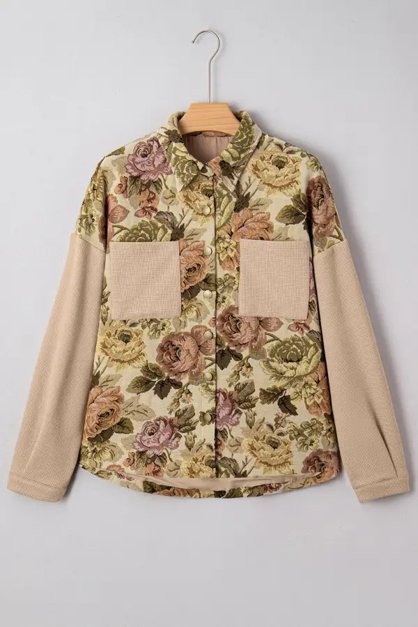 Women's Floral Waffle Knit Patchwork Chest Pockets Buttoned Jacket