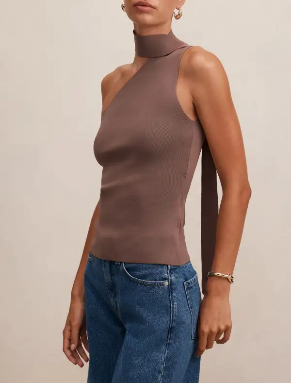 Brown Ribbed Knit One-Shoulder Scarf Top