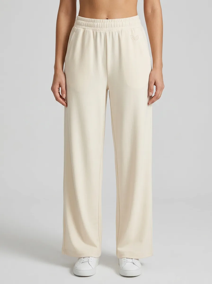 Women's Minimalist Beige Leaf Logo Printed Wide Leg Sweatpants