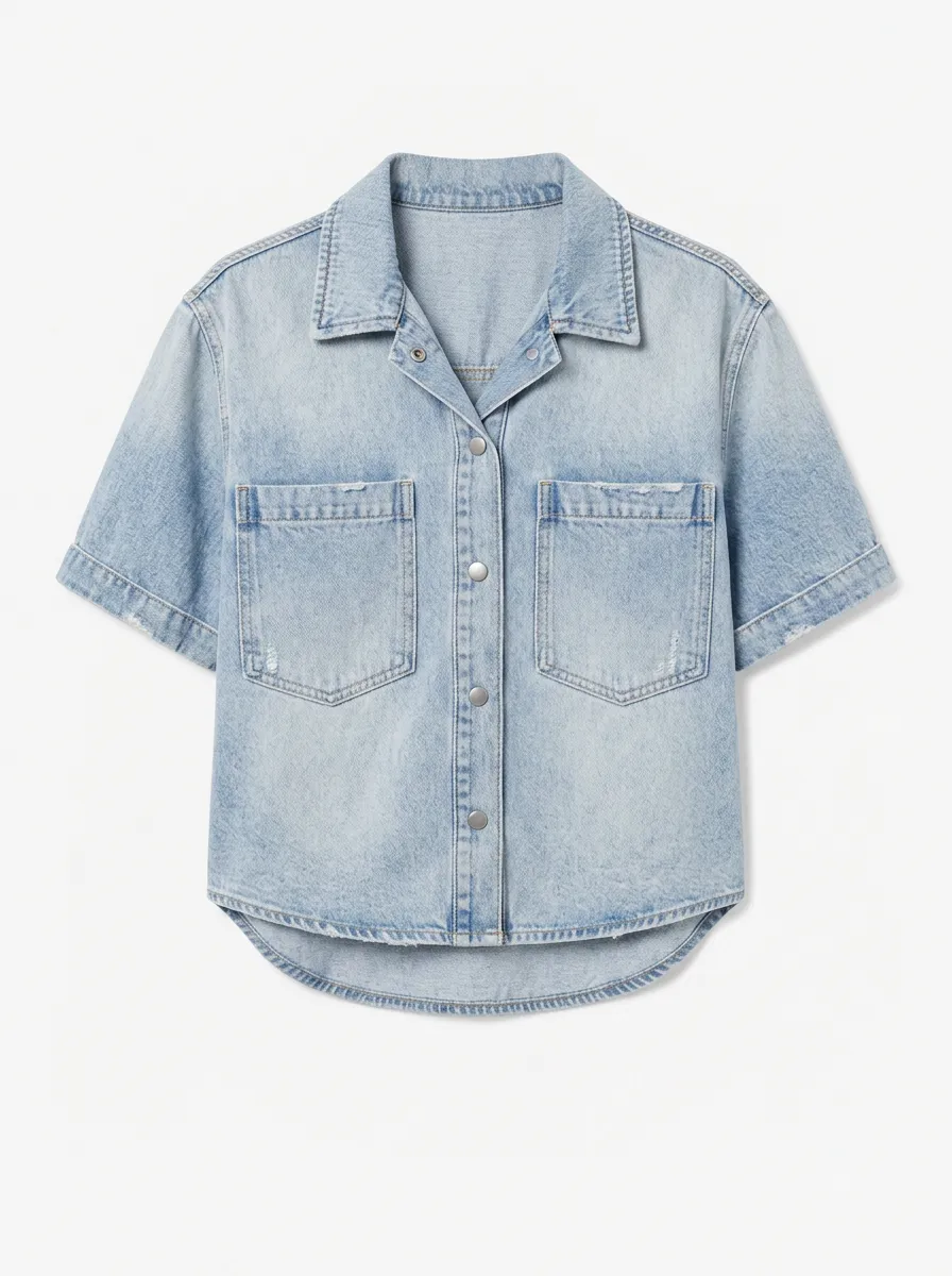 Women's Casual Vintage Wash Distressed Denim Short Sleeve Shirt