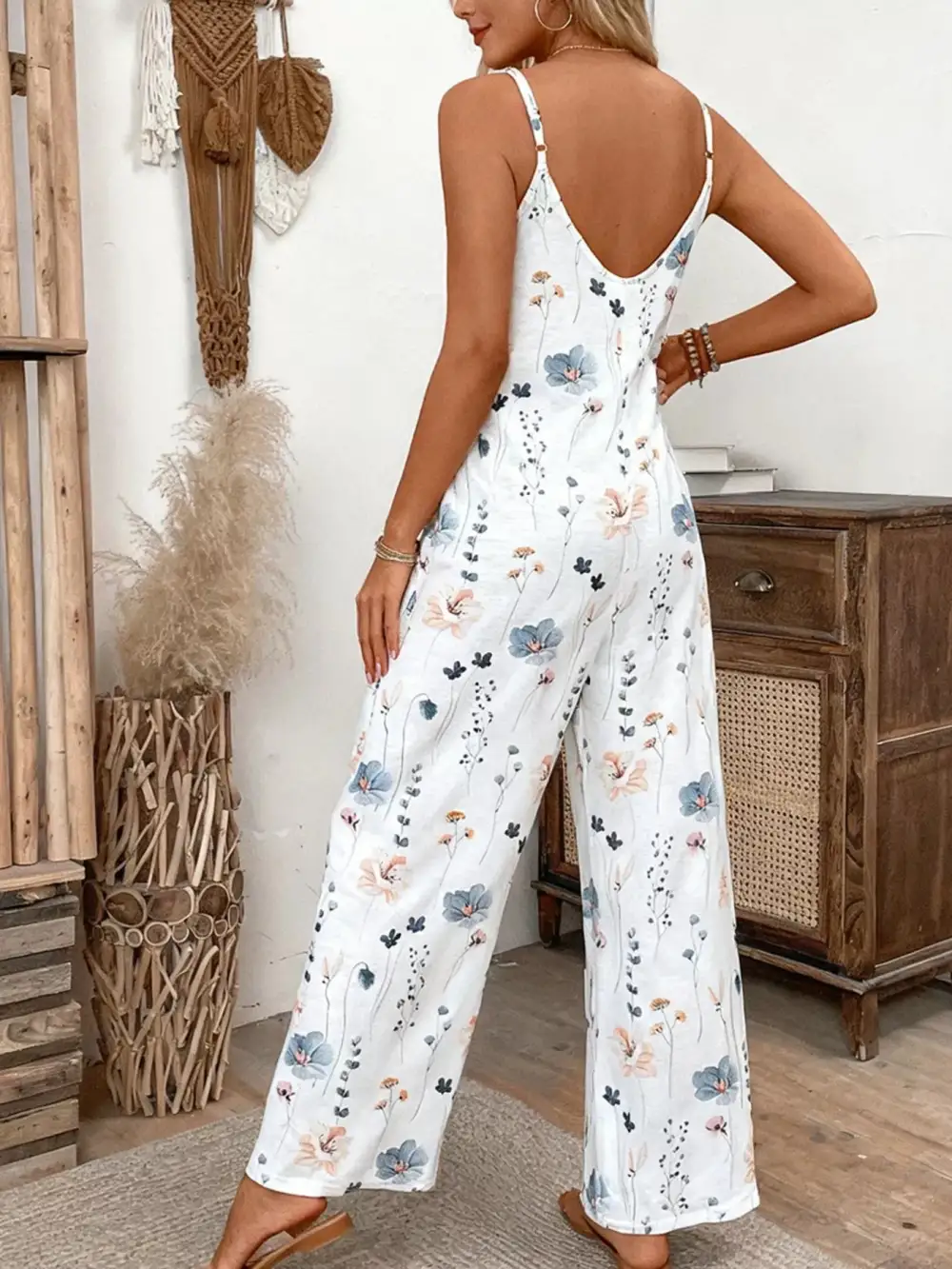 Floral Print Spaghetti Strap Casual Jumpsuit Accessory