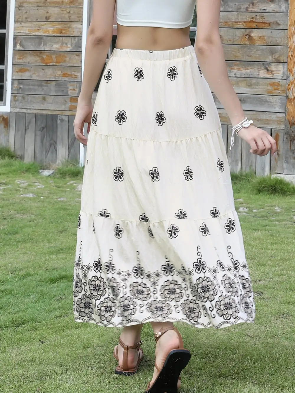 Boho Floral A-Line Tiered Maxi Skirt with Pockets