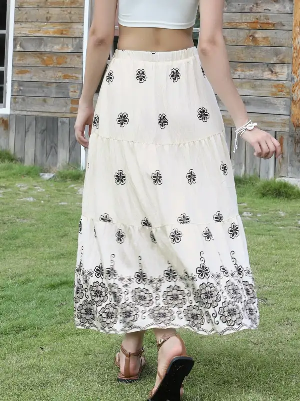 Boho Floral A-Line Tiered Maxi Skirt with Pockets