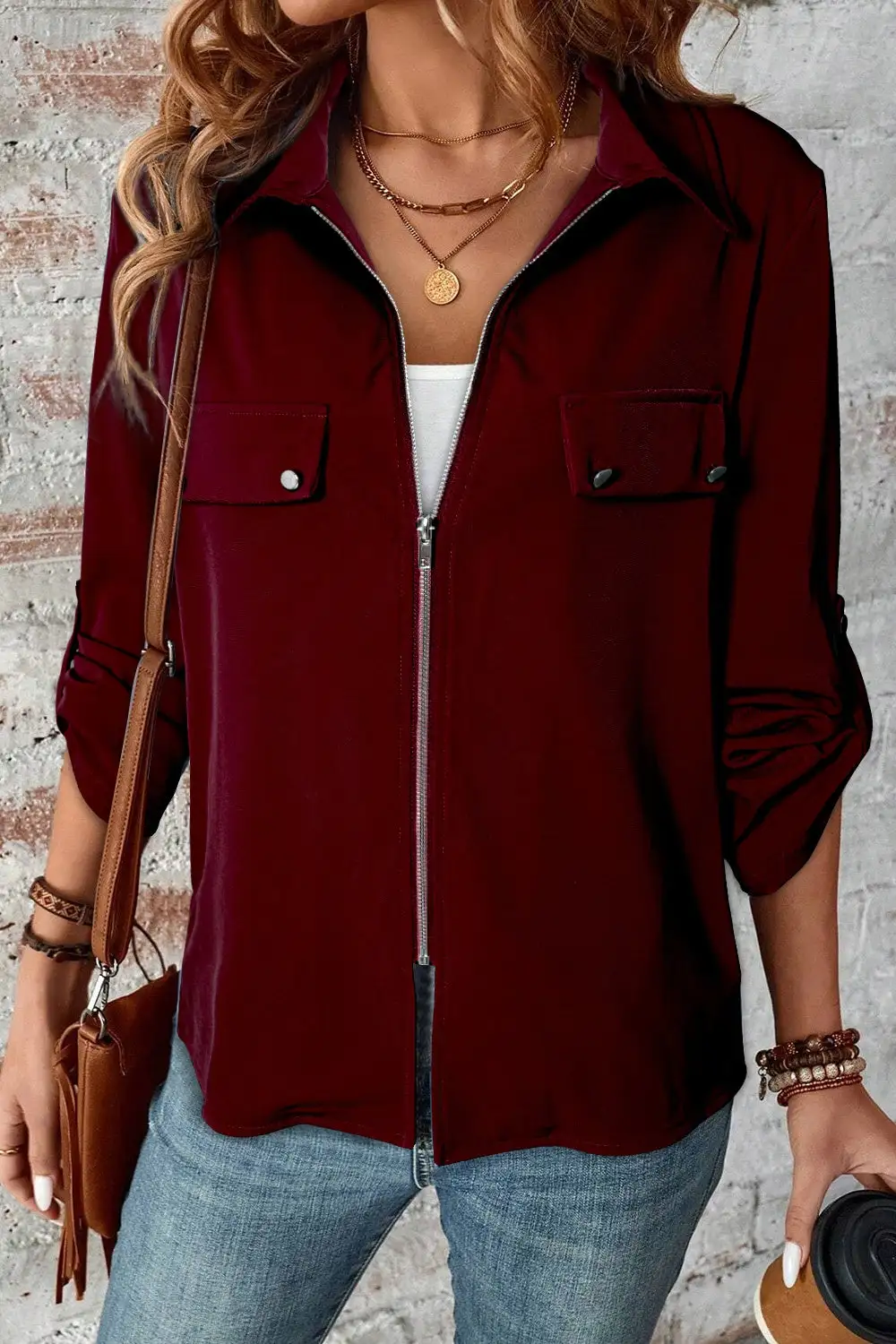 Zip-Up Collared Pocketed Jacket