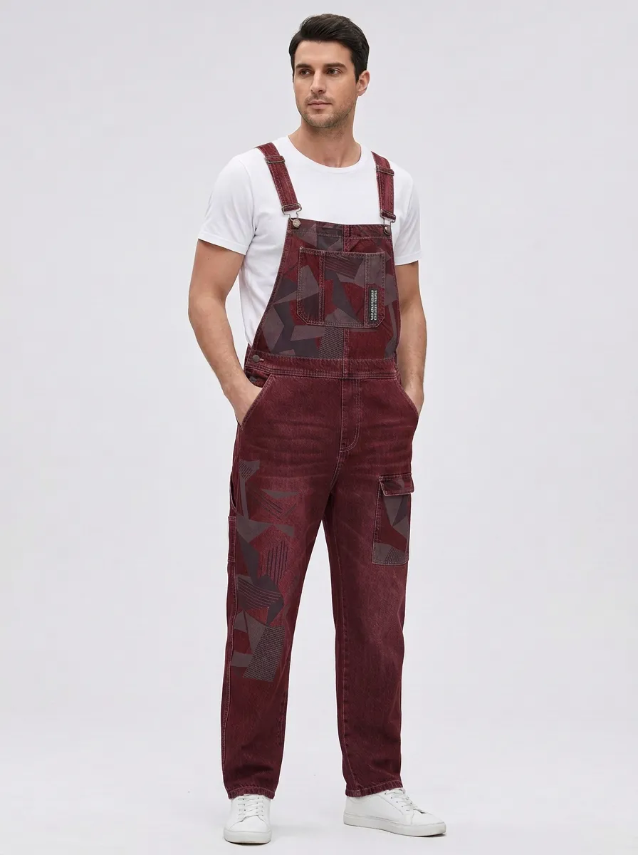 Geometric Print Denim Overalls