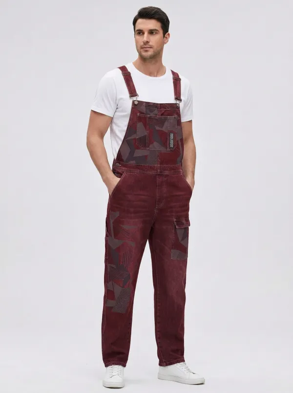Geometric Print Denim Overalls
