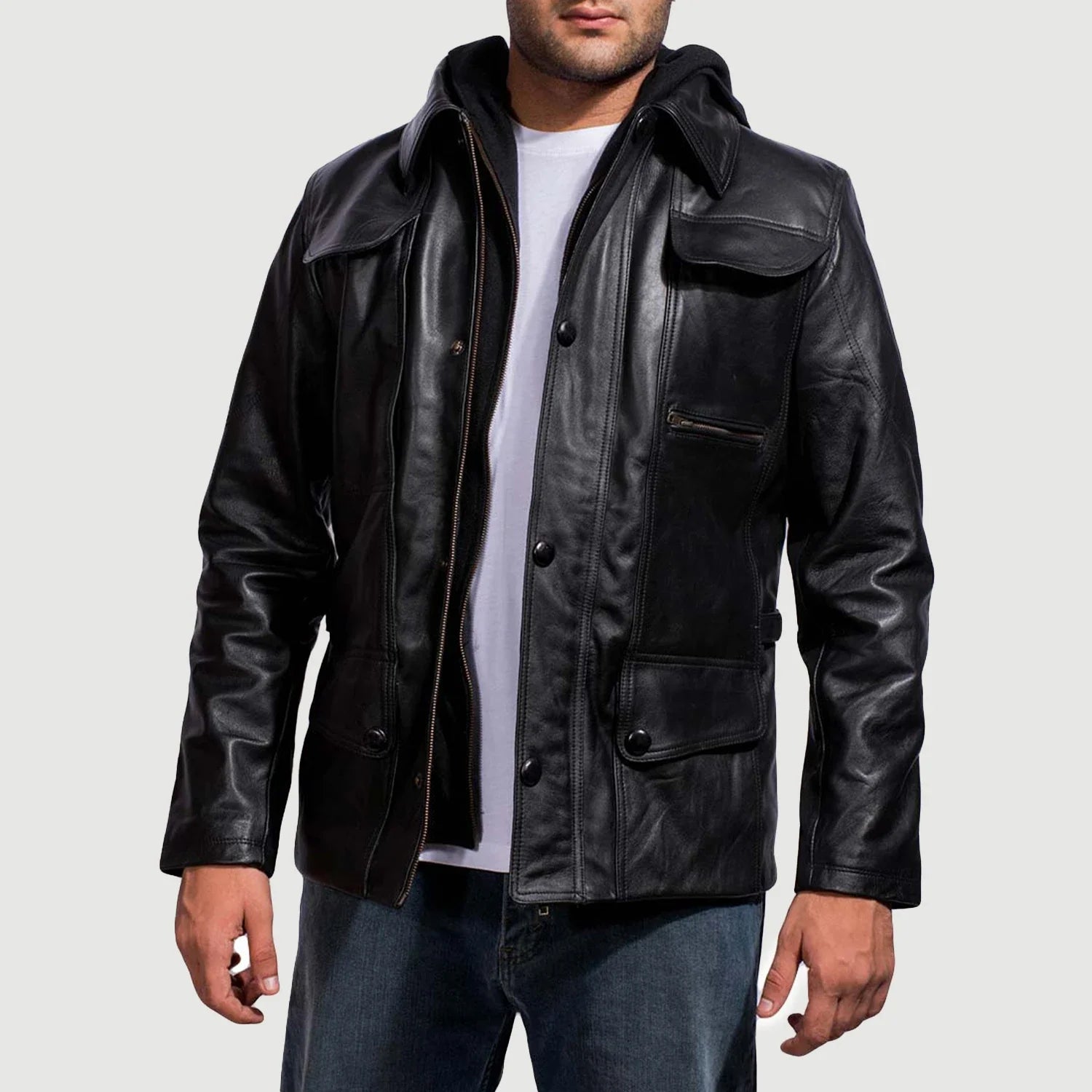 Men's Structured Hooded Leather Jacket