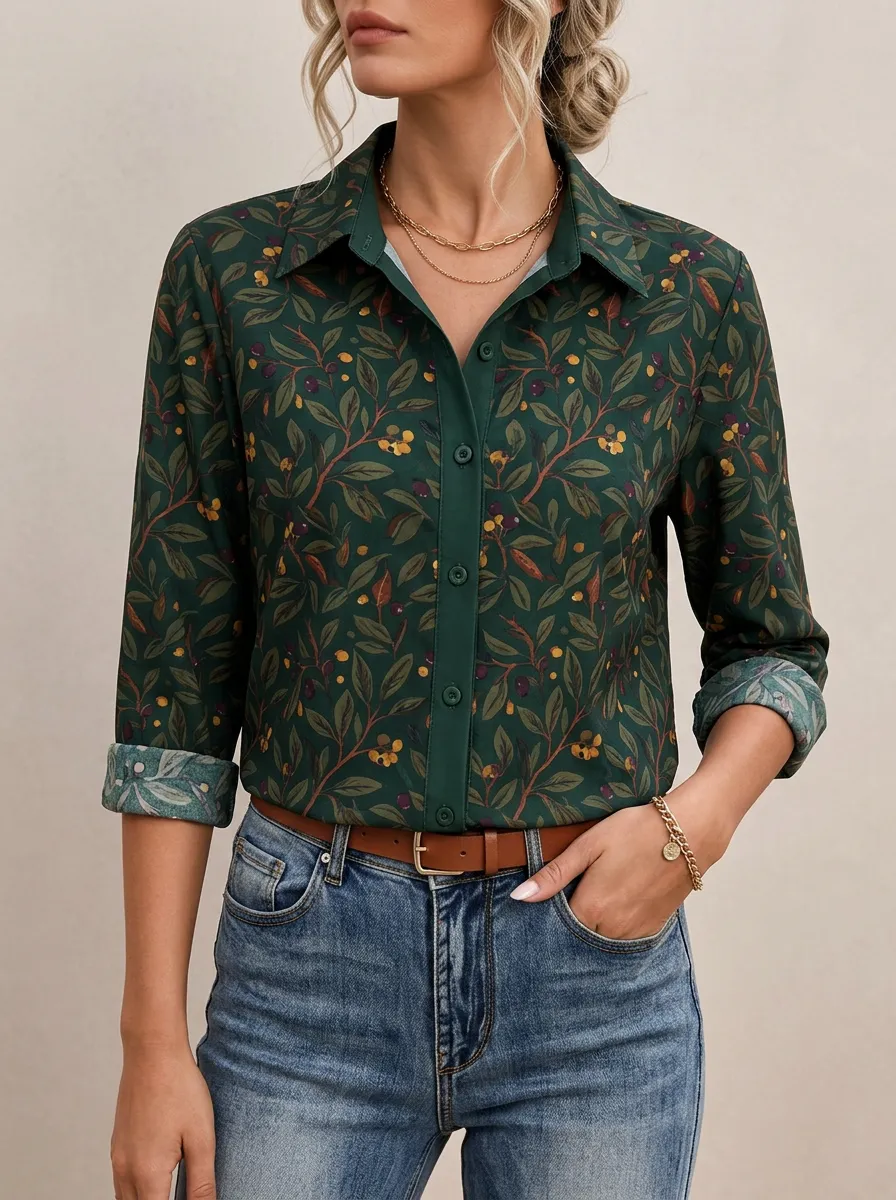 Women's Relaxed Olive-Branch Point-Collar Long-Sleeve Button-Down Shirt