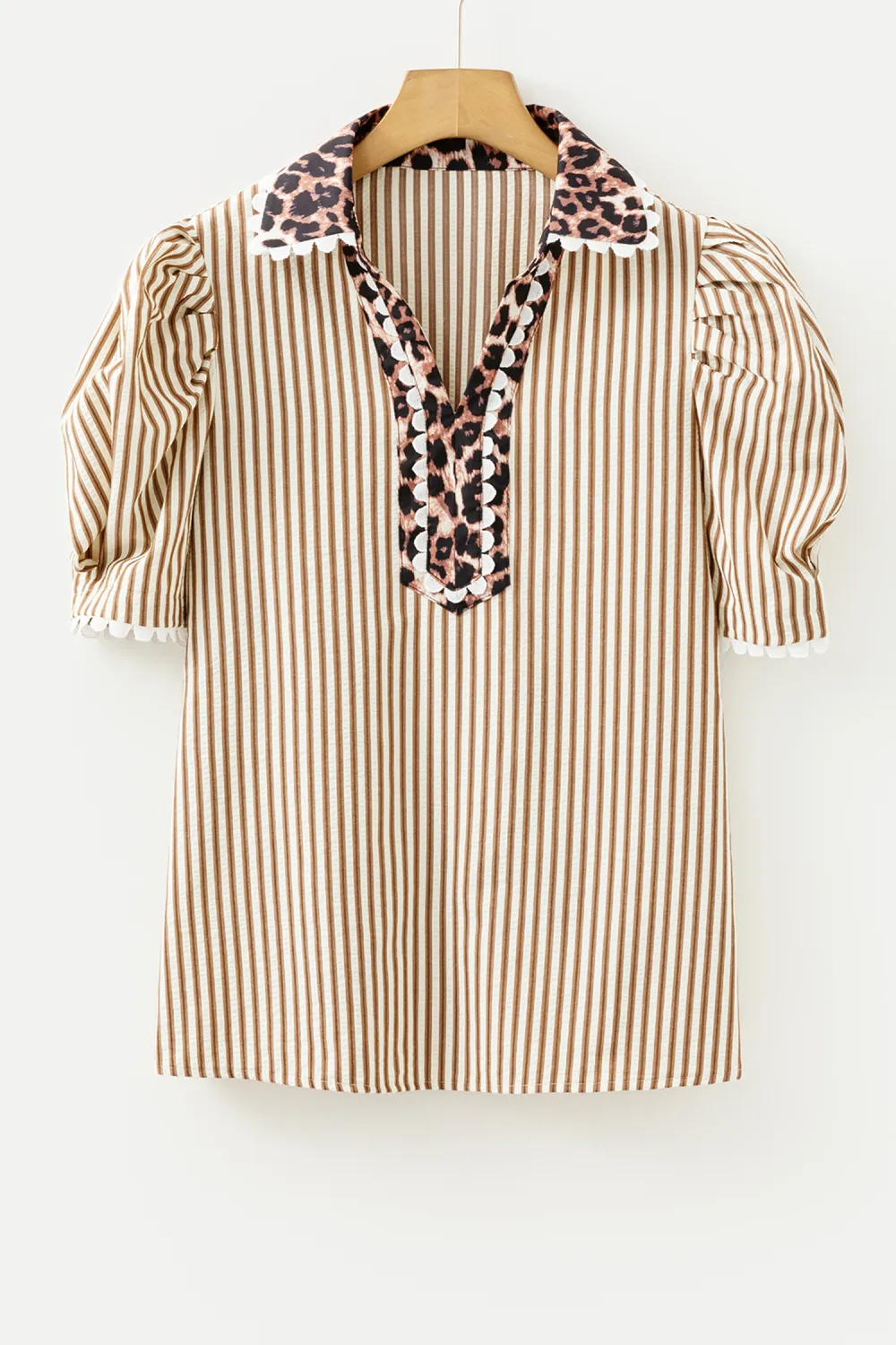 Brown Stripe Ricrac Trim Short Sleeve Blouse