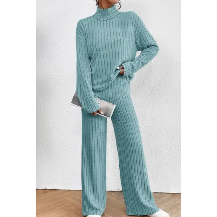 Mock Neck Dropped Shoulder Top and Pants Set