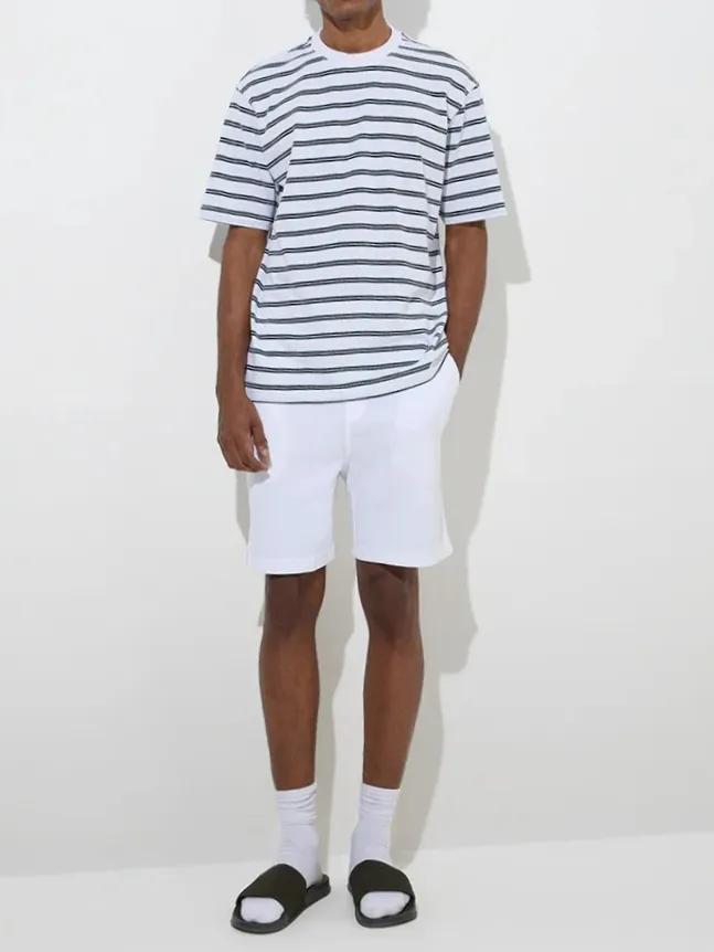 Striped Light Grey Cotton Blend T-Shirt