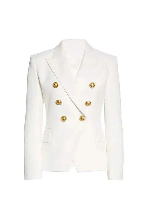 Classic Peak Lapel Shoulder Pad Double Breasted Cinch Waist Blazer