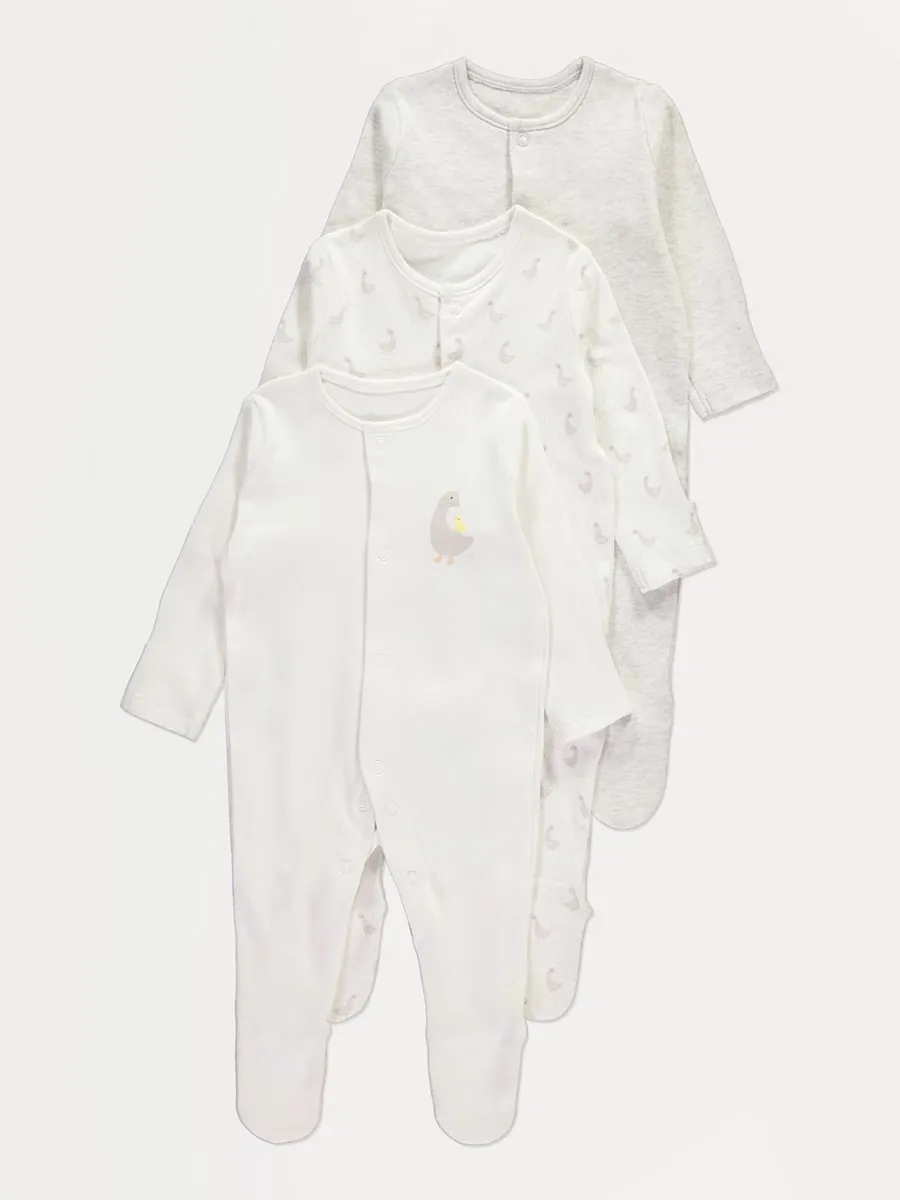 Neutral Ducks Long Sleeve Sleepsuits 3 Pack