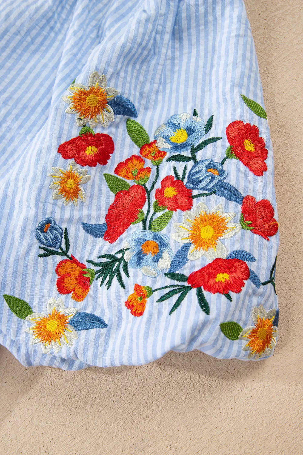 Sky Blue Stripe Floral Embroidered Shirt
