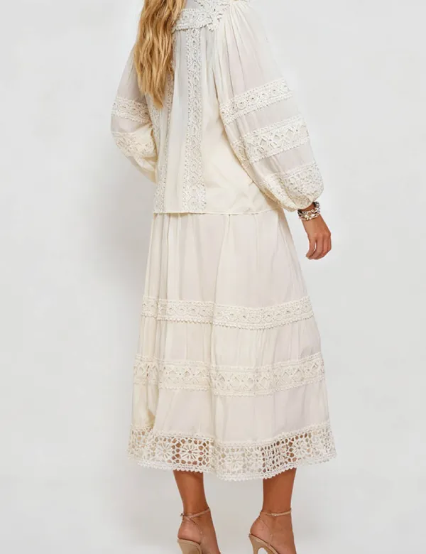 Boho Crochet Lace Trim Button Down Blouse and Tiered Skirt Set
