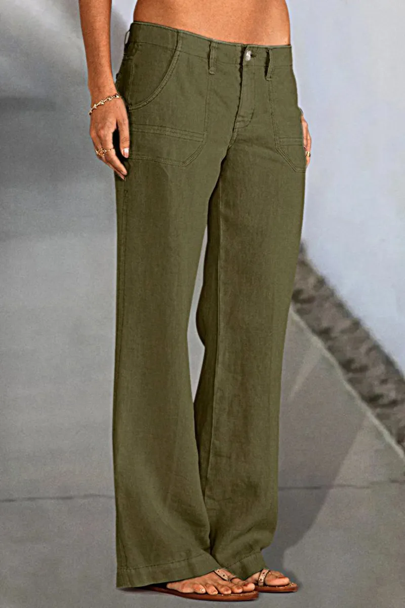 Solid Slant Pocket Low Waist Flare Pants Without Belt