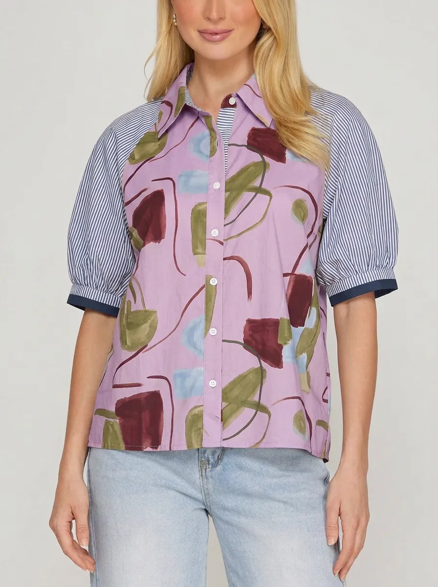 Women's Abstract Art Pattern Striped Sleeve Graphic Shirt