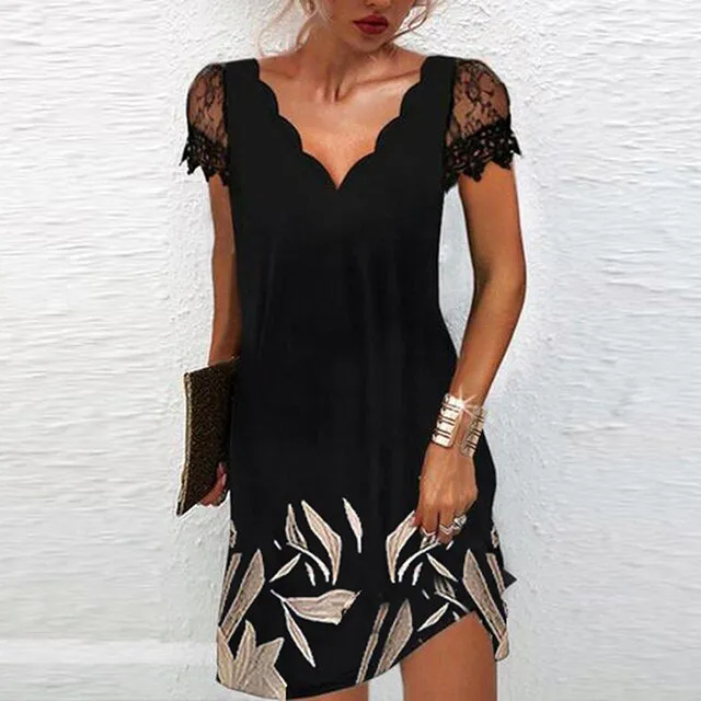 Women's A-Line V-Neck Short-Sleeve Lace Dress