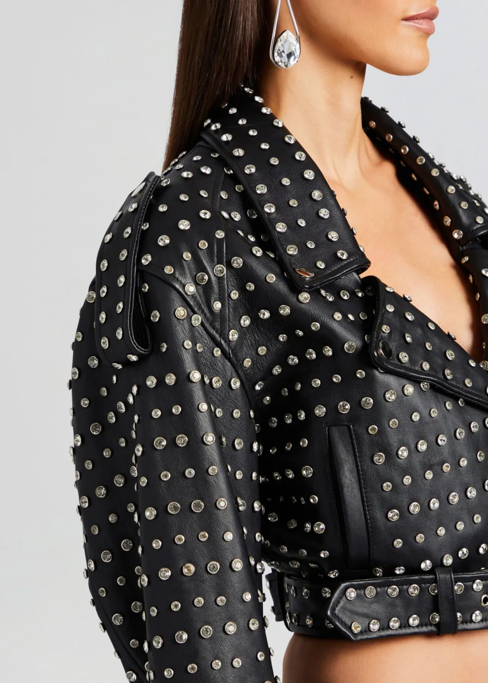 Lapel Embellished Leather Jacket