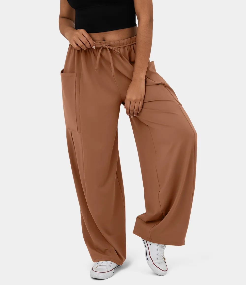 Mid Rise Elastic Waistband Drawstring Side Pocket Palazzo Flowy Wide Leg Casual Pants