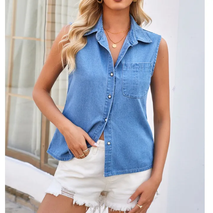 Pocketed Button Up Sleeveless Denim Top