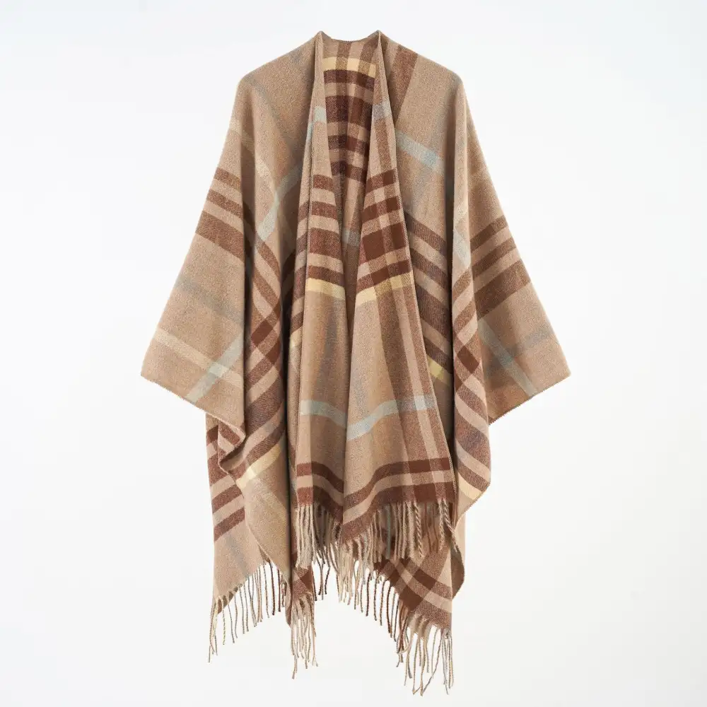 Plaid Fringed Cashmere Poncho Wrap