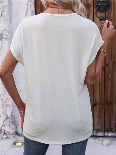 V-Neck Short-Sleeve Lace-Detail Cotton T-Shirt