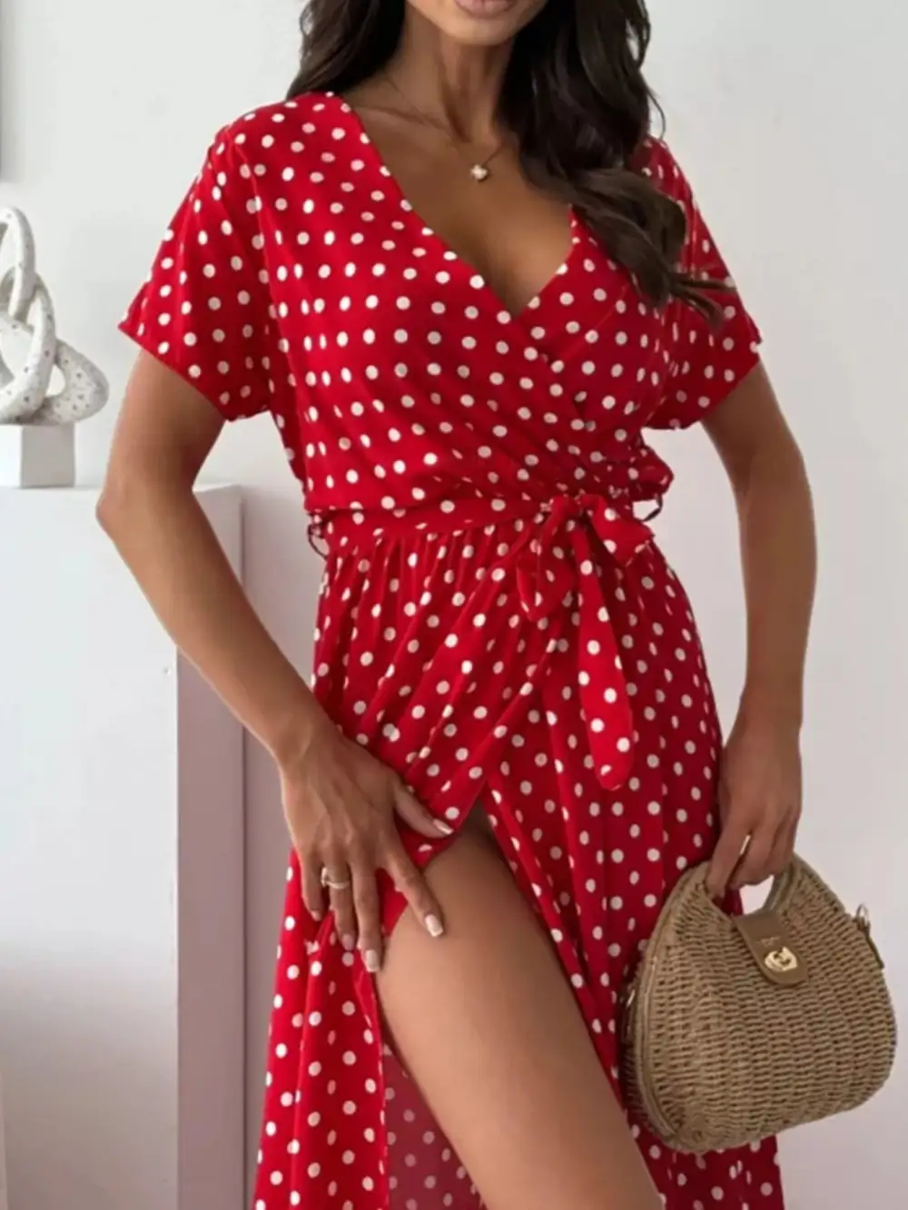 Polka Dot Surplice Maxi Dress With Slit