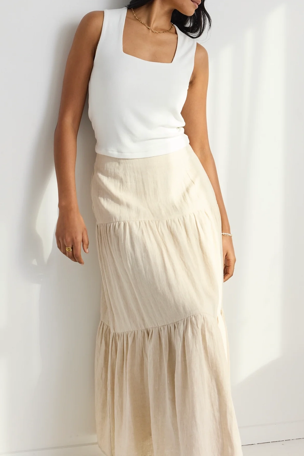 Sand Tiered Linen Midi Skirt