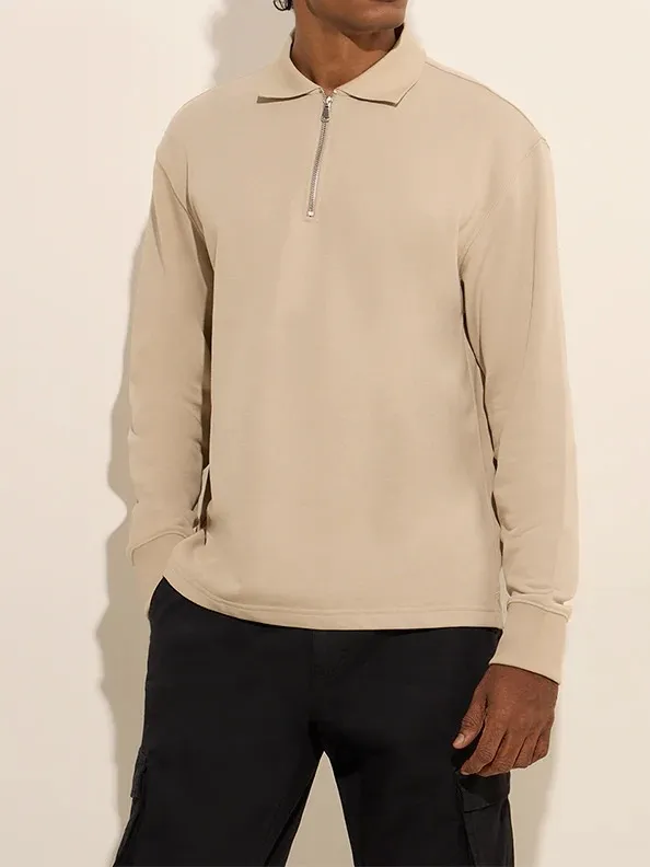 Casual Style Beige Loose Cotton-Blend Sweatshirt