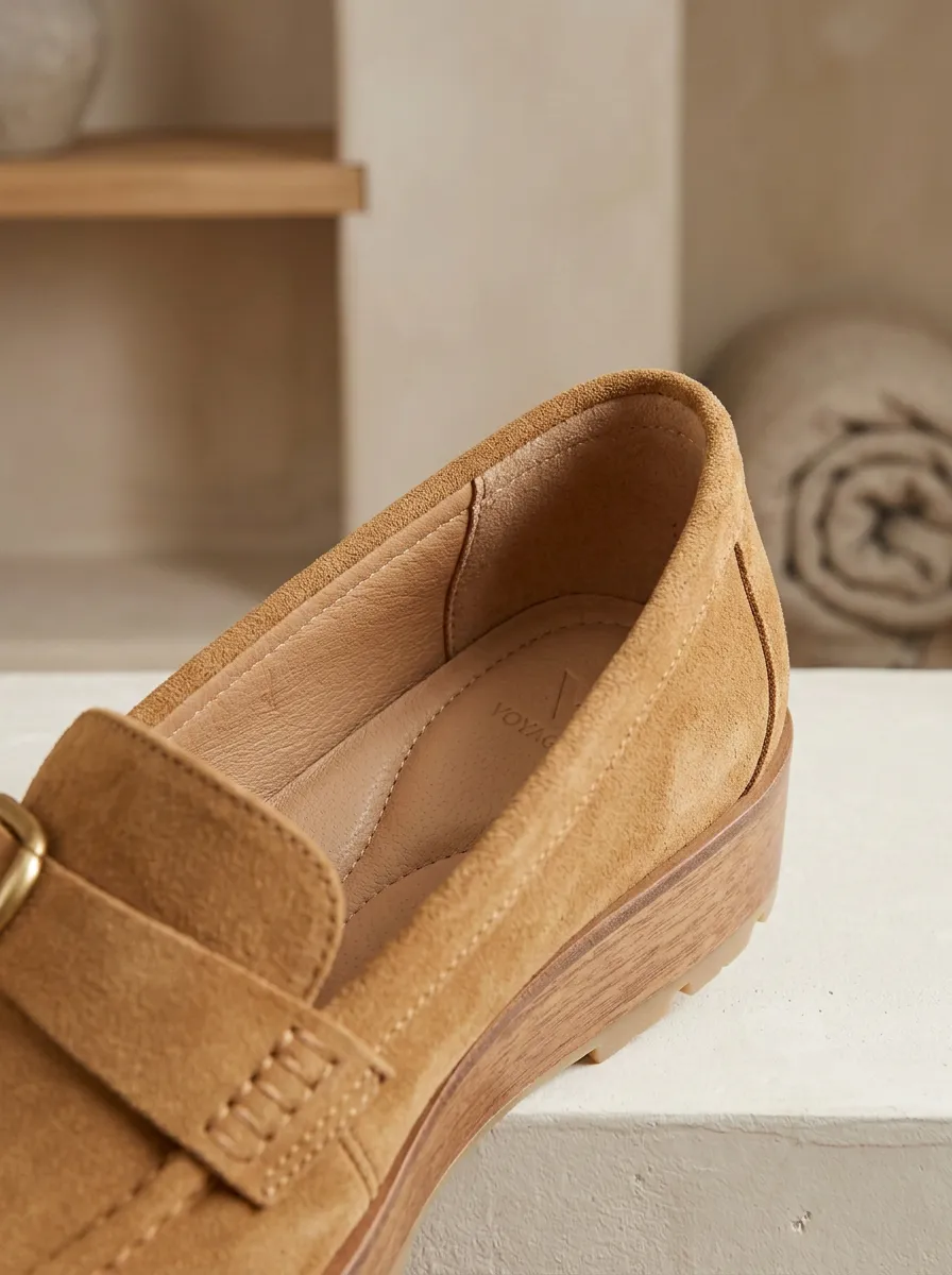 Women's Buckle Detail Platform Suede Wood Sole Loafers