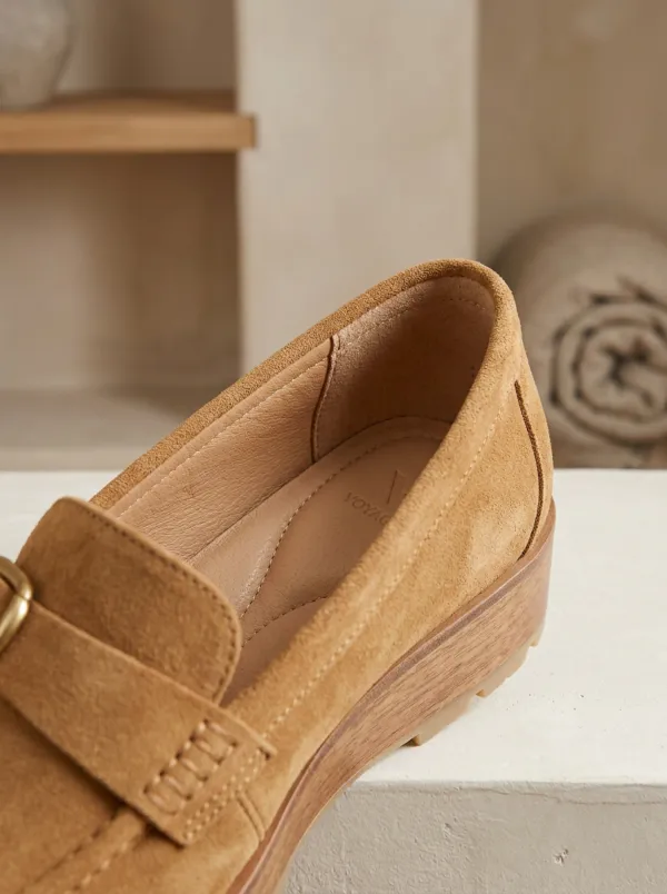 Women's Buckle Detail Platform Suede Wood Sole Loafers