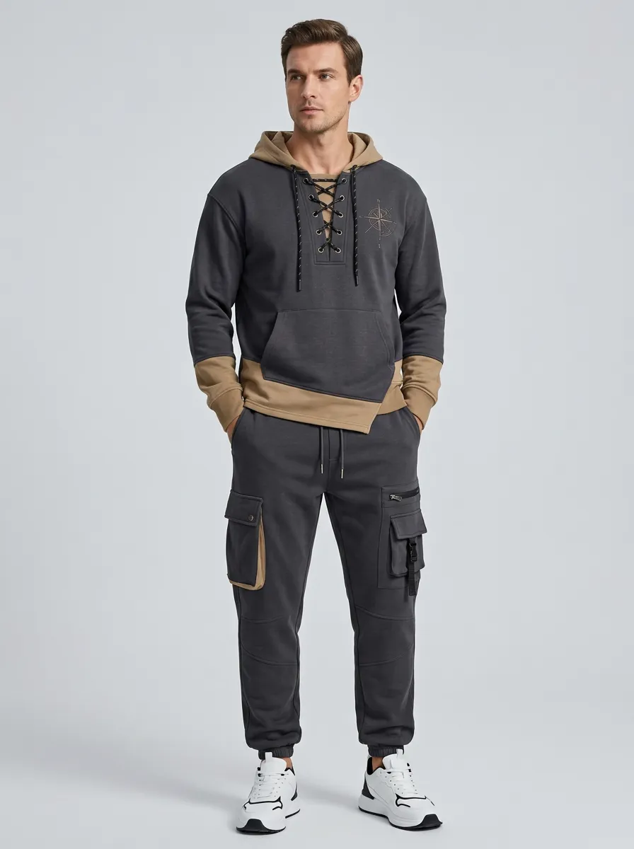 Daily Lace-Up Graphic Print Finish Men's Lace Up Hoodie And Cargo Jogger Set