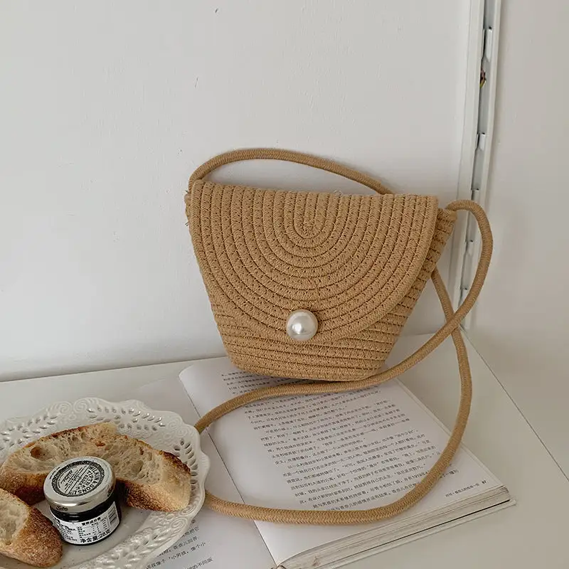 Handwoven Cotton Crossbody Bag Pearl Flap Straw Beach Tote