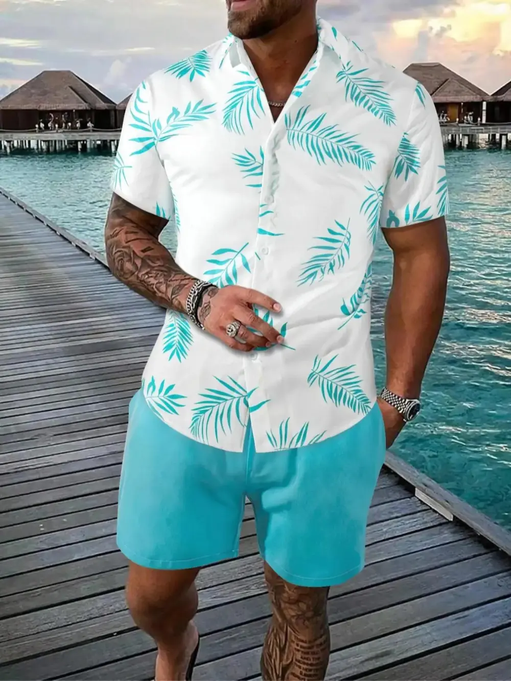 Men's Leaf Print Hawaiian Shirt & Drawstring Waist Short Set